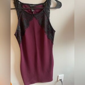 Burgundy Dress with Black Lace Accents